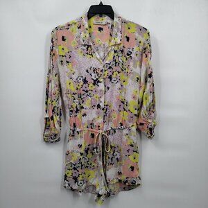 Sam & Lavi Floral Button Down Elastic Waist Long Sleeve Romper Shorts XS Pink